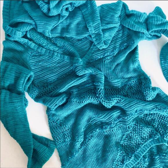 ANTHROPOLOGIE Turquoise Blue Patched Heather Hoodie VNeck Open Weave Sweater XS - Picture 8 of 11